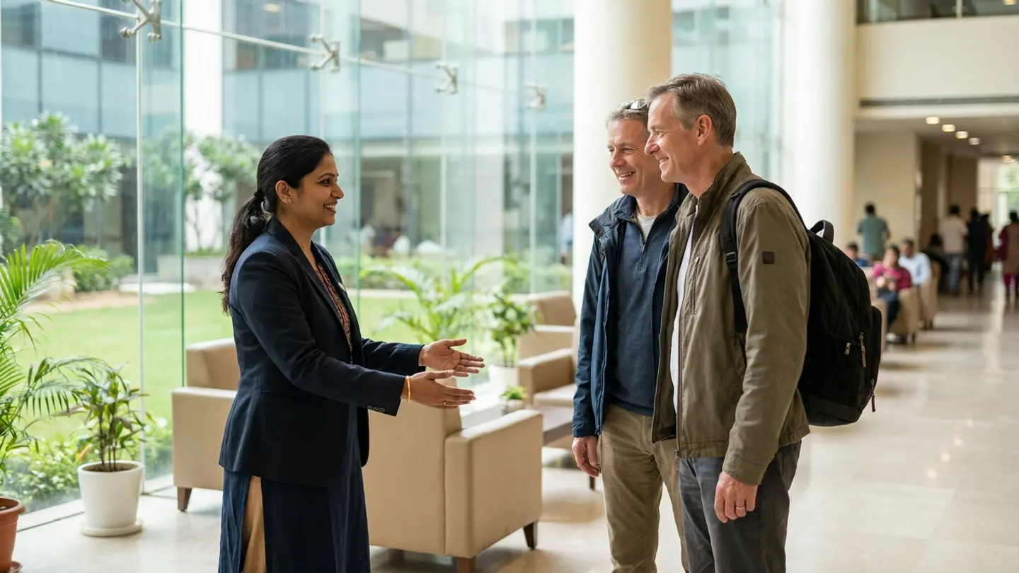 An IndoMedTour care coordinator warmly welcoming international patients in a modern Indian hospital