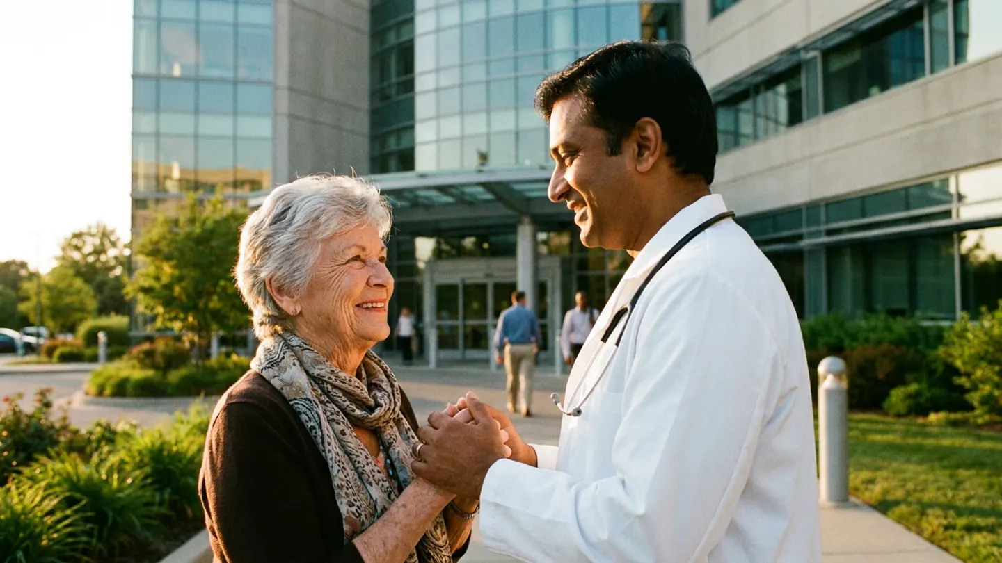 A recovered international patient smiling with their Indian doctor — the IndoMedTour promise of care